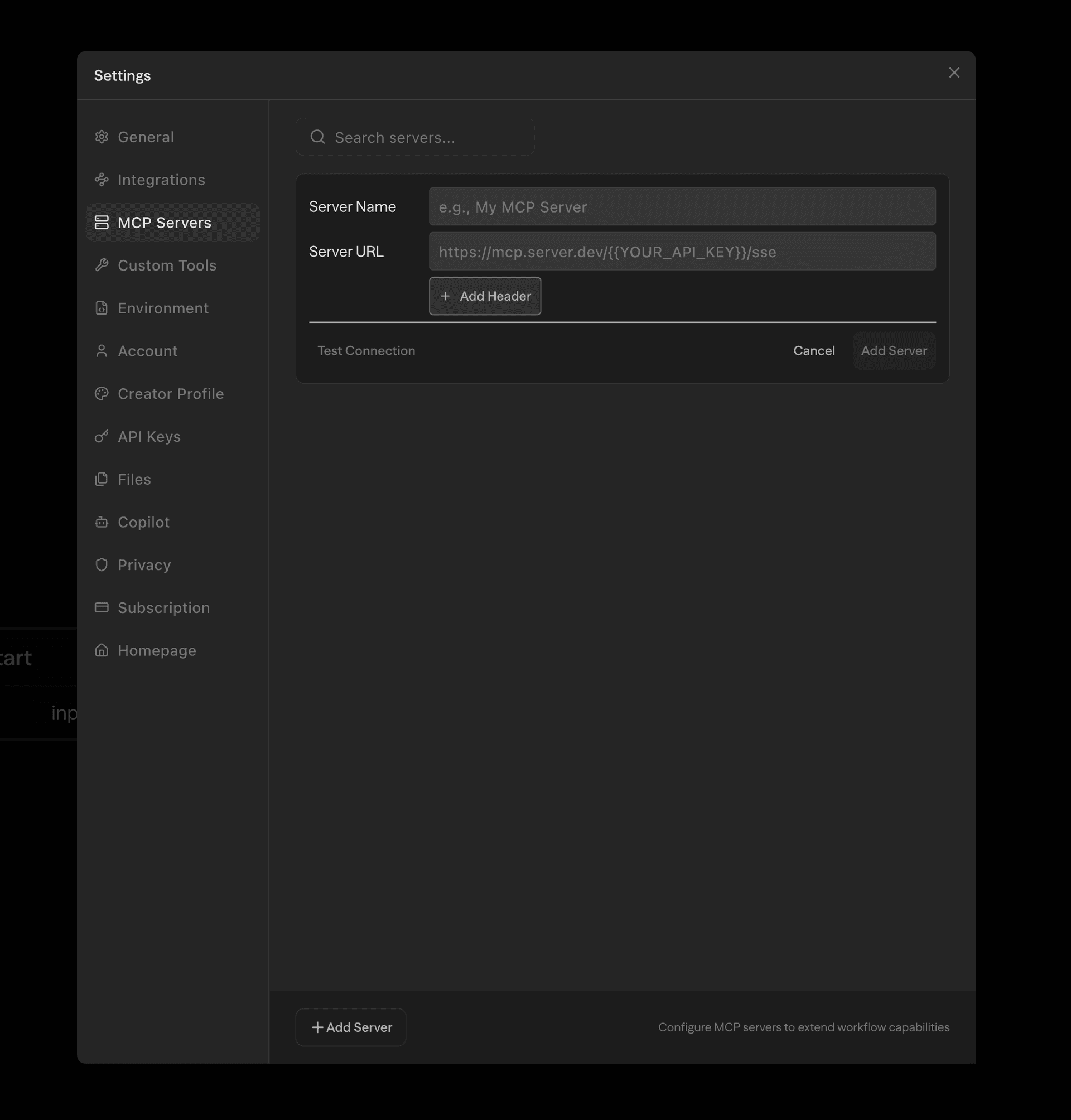 Configurando Servidor MCP nas Configurações