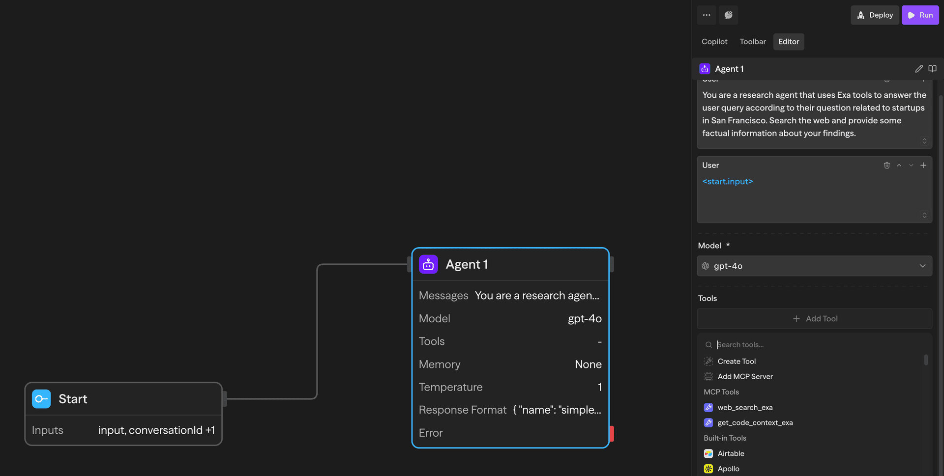 Usando Ferramenta MCP em Bloco Agent