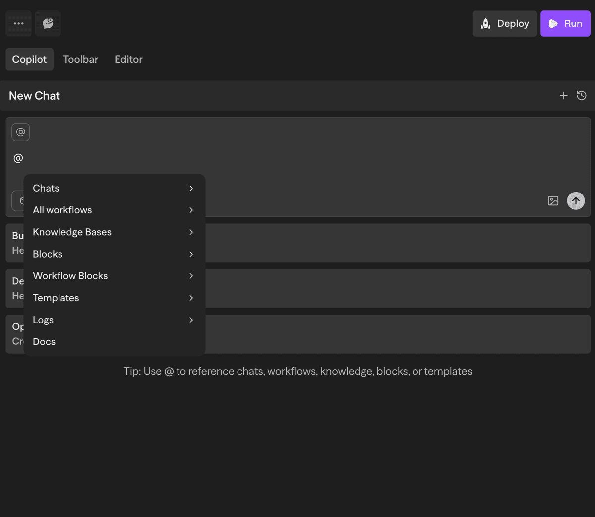 Menu de contexto do Copilot mostrando opções de referência disponíveis