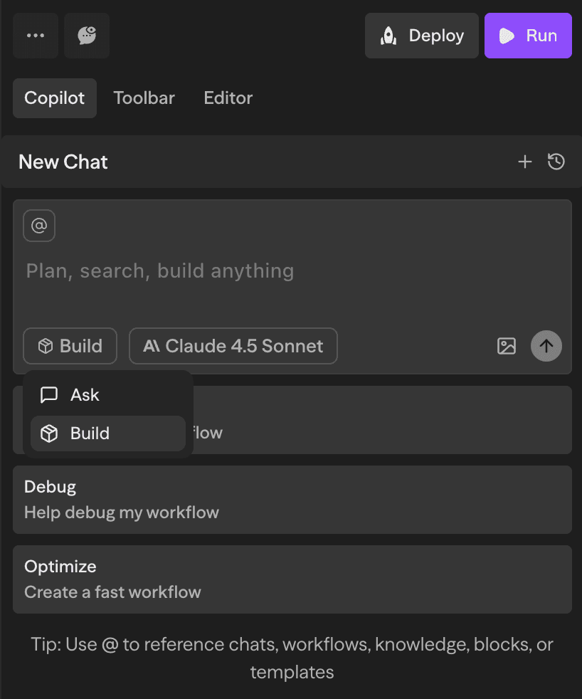Interface de seleção de modo do Copilot