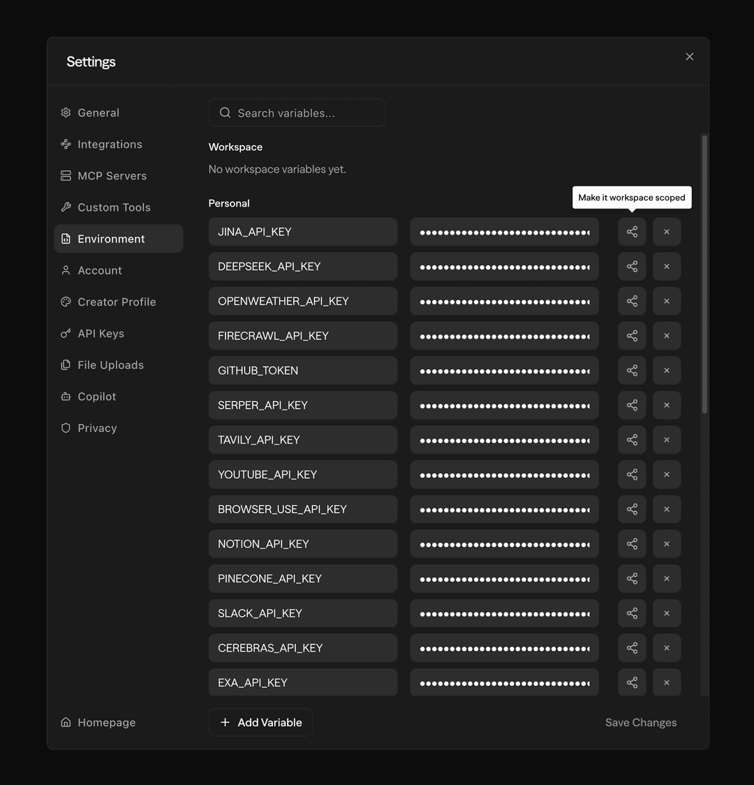 Toggle workspace scope for environment variables