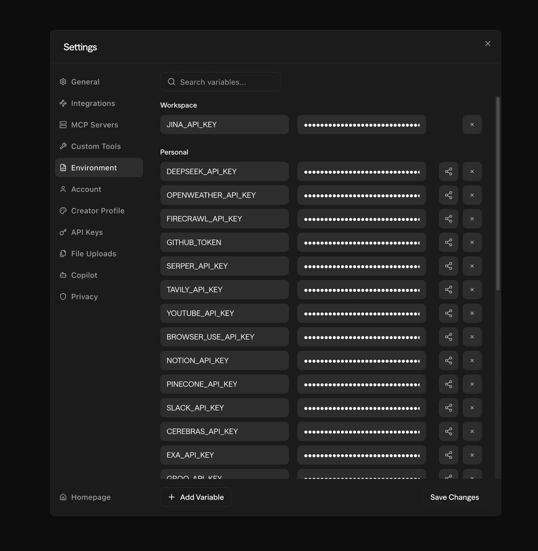 Workspace-scoped variables in the environment variables list